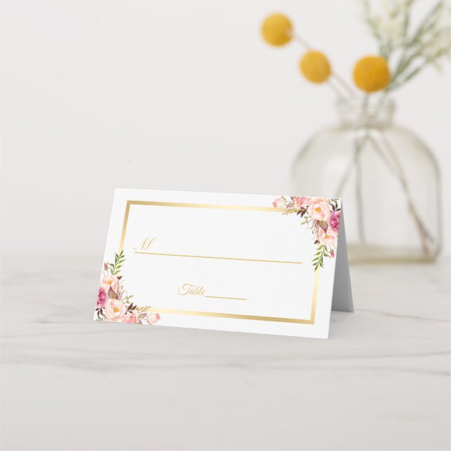Cartão De Mesa Elegante Rosa Floral Dourado Quadro Casamento Chic (Frente)