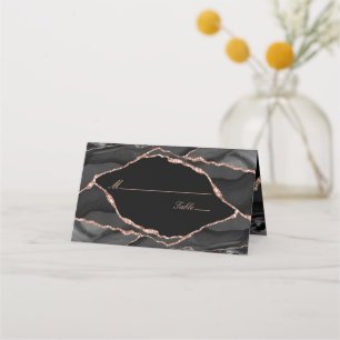 Cartão De Mesa Elegante Rosa Negra Dourada Folha de Ágata Casamen