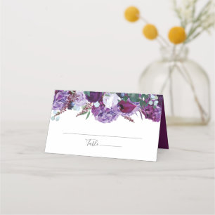 Cartão De Mesa Escrito De Casamento De Verdinho Floral Roxo Elega