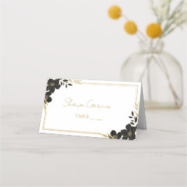 Cartão De Mesa Escrito Elegante Preto e Dourado Casamento Floral 