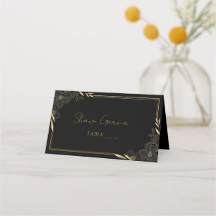 Cartão De Mesa Escuro Elegante Florea Negra e Dourada Pla