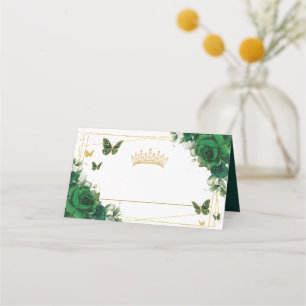 Cartão De Mesa Esmeralda VerdeFloral Borboletas Douradas Quinceañ