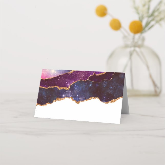 Cartão De Mesa Espaço Azul e Roxo e Estrelas com Faixa Dourada (Frente)