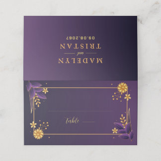 Cartão De Mesa Estética Floral Roxa e Dourada para Casamento