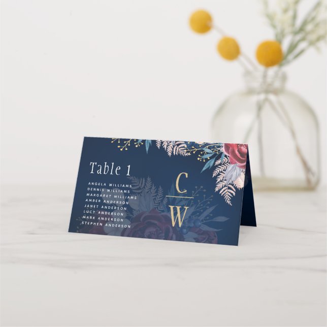 Cartão De Mesa Eterno Azul Borgonha Floral Casamento (Frente)