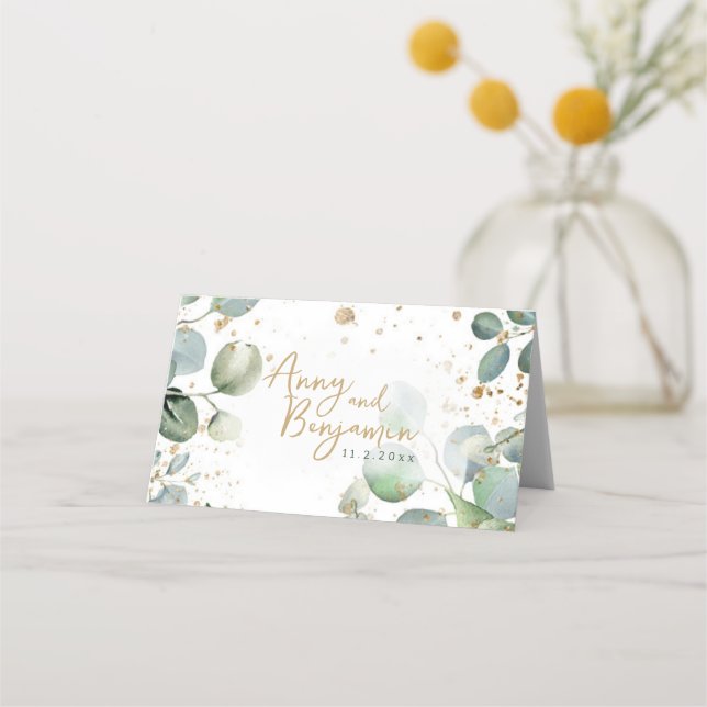 Cartão De Mesa Eucalyptus Dourado Glitter - Casamento Verde (Verso)
