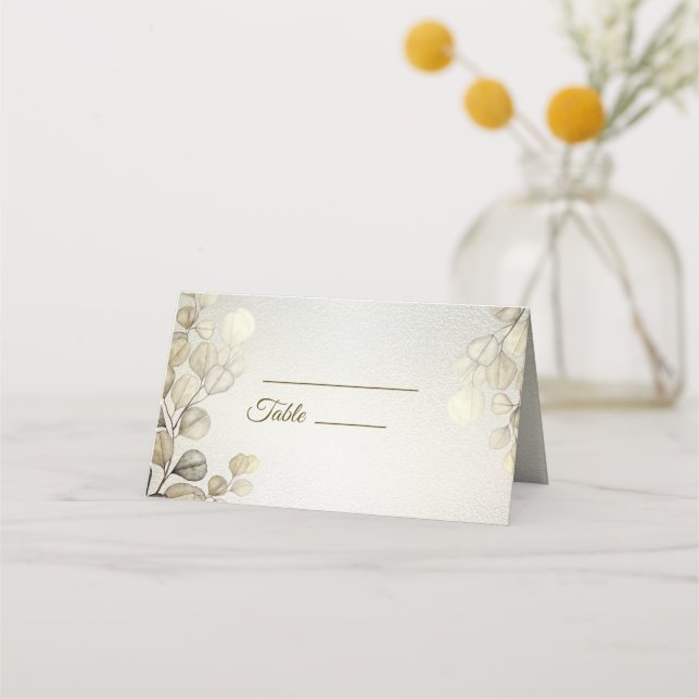 Cartão De Mesa Eucalyptus Foliage Wedding Shiny Dourado com Aquar (Frente)