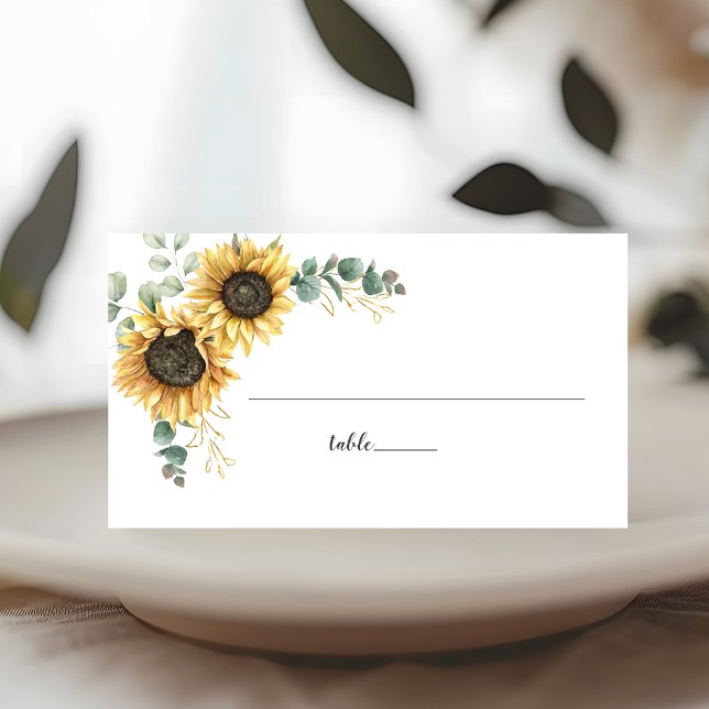 Cartão De Mesa Eucalyptus Greenery Sunflower Script Mesa (Sunflower Eucalyptus Greenery Wedding Table Placecard)