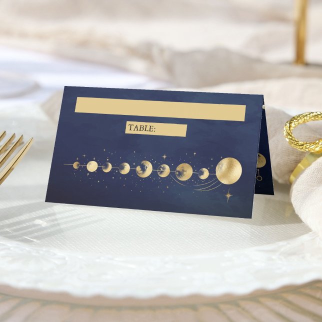 Cartão De Mesa Fases da Lua Celestial Azul Dourado Crescente (Criador carregado)