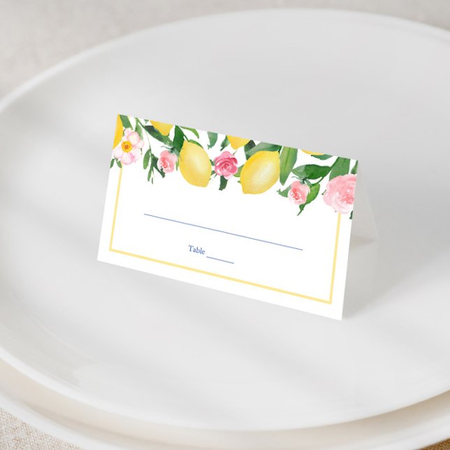 Cartão De Mesa Festa de casamento de Flores Rosa, Limões da Costa (lemons with pretty pink flowers and mediterranean tiles wedding shower place cards)