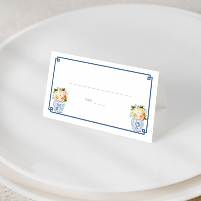 Cartão De Mesa Festa de Casamento outono Laranja Azul-Burnt Marin (Fall flowers in blue and white ginger jar wedding shower place cards)