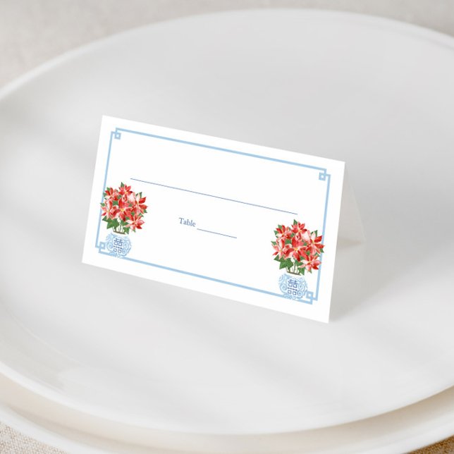 Cartão De Mesa Festa de Natal do Quic Red Poinsettia do Grande Mi (Elegant red poinsettia ginger jar christmas holidays place card or food tent)