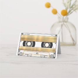 Cartão De Mesa Fita Cassete Retro Dourada Branca Casamento Dobrad