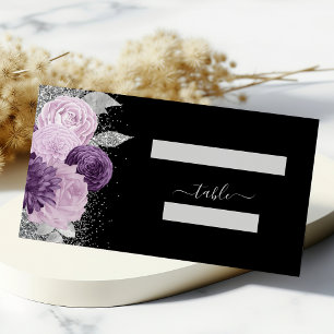 Cartão De Mesa Flair Roxo Prateado Brilho Preto Casamento