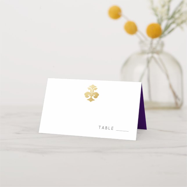 Cartão De Mesa Fleur de Lis Dourado Purple Damask (Frente)