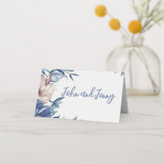 Cartão De Mesa Floral Azul de Cor de Água Suave