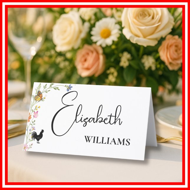 Cartão De Mesa Floral Boho Wildflower Chicken Name Card (Criador carregado)
