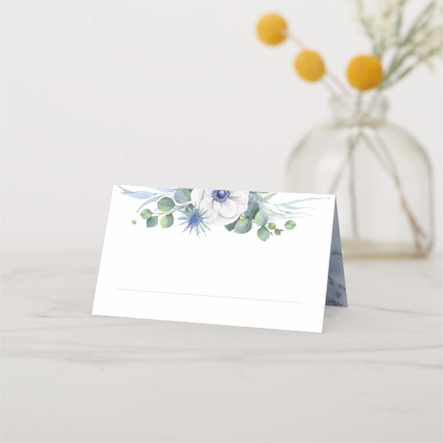Cartão De Mesa Floral Greenery Elegante Dusty Blue Wedding (Frente)