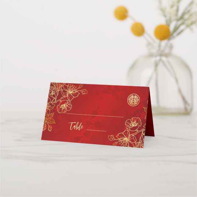 Cartão De Mesa Floral Line Art Red Dourado | Casamento Chinês (Frente)