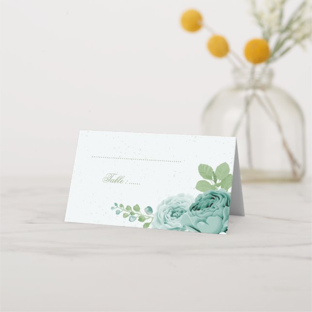 Cartão De Mesa Flores azuis bonito folhas verdes botânicas (Frente)
