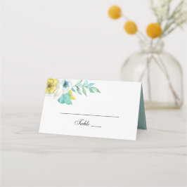 Cartão De Mesa Flores azuis e amarelas. Casamento botânico de hor