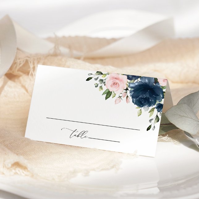 Cartão De Mesa Flores Azuis Marinho, Flores Rosadas, Casamento Fl (Criador carregado)