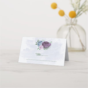 Cartão De Mesa Flores azuis roxas folhas verdes casamento
