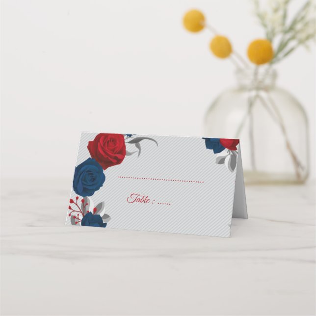Cartão De Mesa flores azuis vermelhas e marinhos folhas prateadas (Frente)