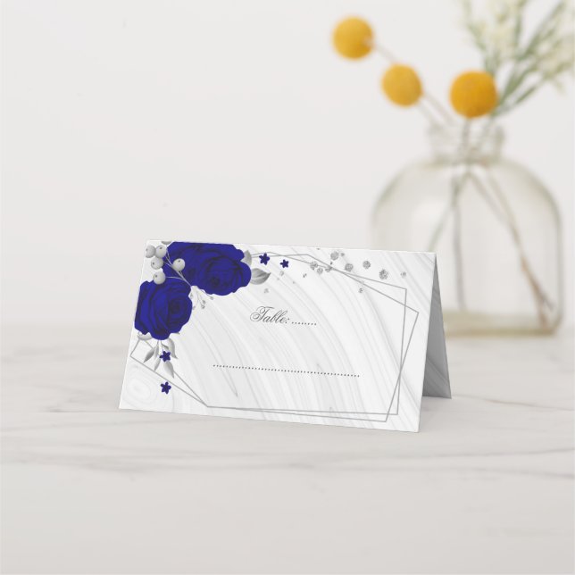 Cartão De Mesa flores azul real folhas prata geométrico (Frente)