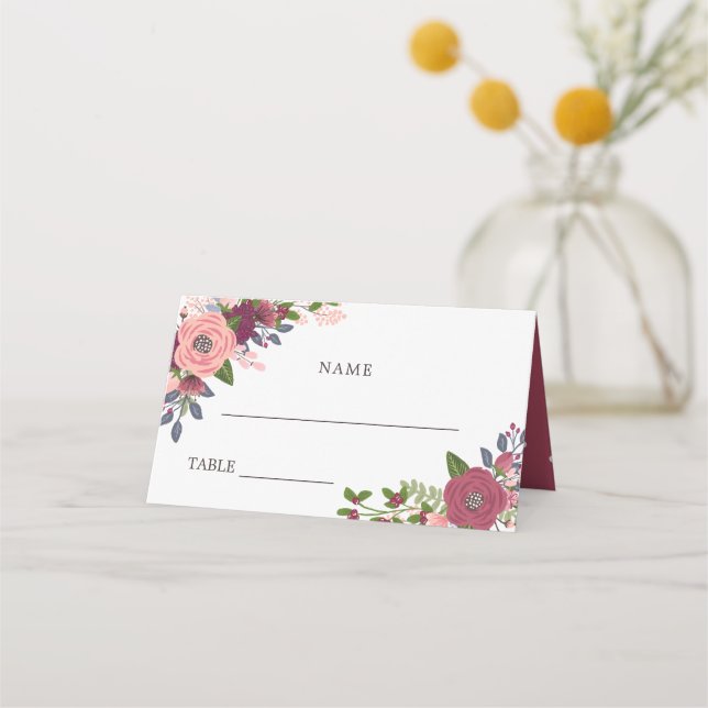 Cartão De Mesa Flores Blush & Burgundy - Nomes e Data de Casament (Frente)