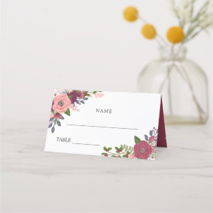Cartão De Mesa Flores Blush & Burgundy - Nomes e Data de Casament