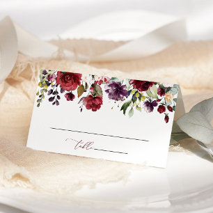 Cartão De Mesa Flores Borgonha, Flores Rosa, Chá de Noiva Boho