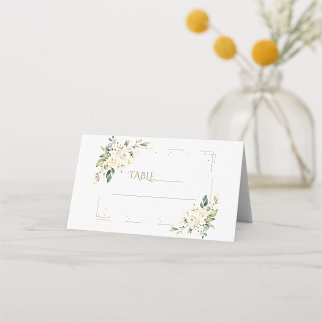 Cartão De Mesa Flores brancas charmosas Número Dourado da Mesa do (Frente)