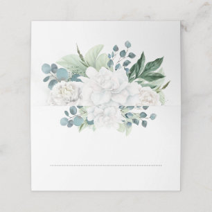 Cartão De Mesa Flores brancas e Eucalyptus Watercolor Verde
