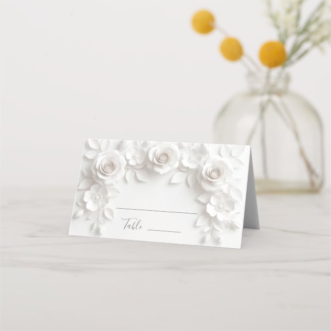 Cartão De Mesa Flores Brancas em 3D para Casamento Arqueado (Frente)