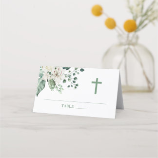 Cartão De Mesa Flores brancas Eucalyptus Baptism