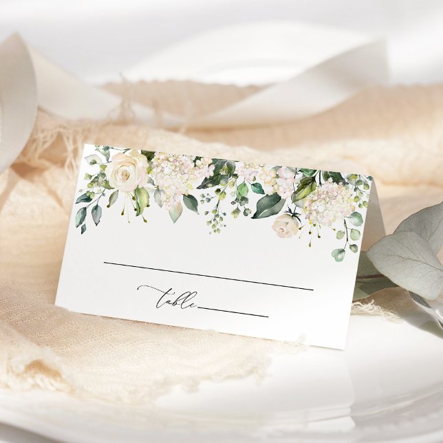 Cartão De Mesa Flores Brancas, Flores Creme, Folhagens, Casamento (Criador carregado)