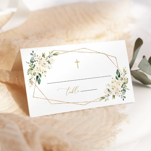 Cartão De Mesa Flores Brancas, Flores Creme, Verdura, Batismo (Criador carregado)