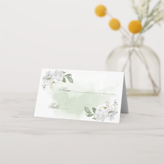 Cartão De Mesa flores brancas folhas verdes botânico (Frente)