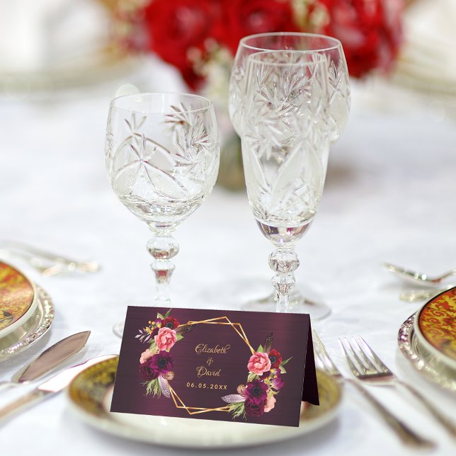 Cartão De Mesa Flores cor-de-rosa brilhantes Boho (Criador carregado)