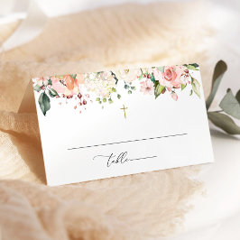 Cartão De Mesa Flores Cor-de-Rosa, Flores Brancas, Boho, Batismo 