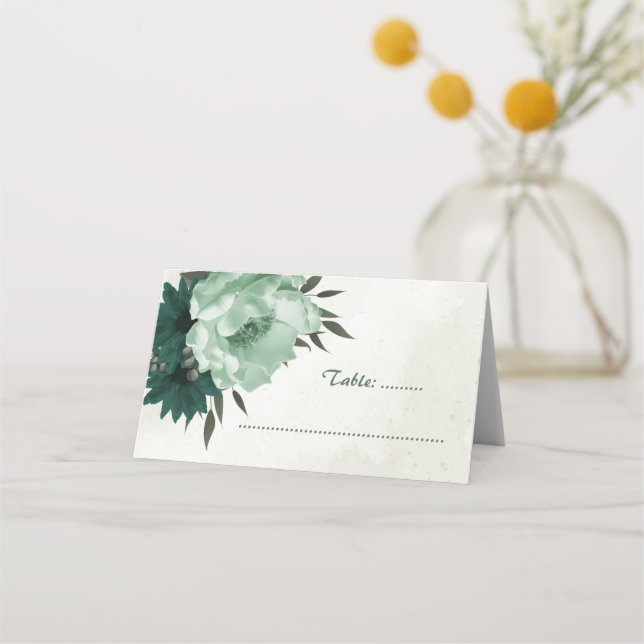Cartão De Mesa flores esmeralda verde casamento botânico (Frente)