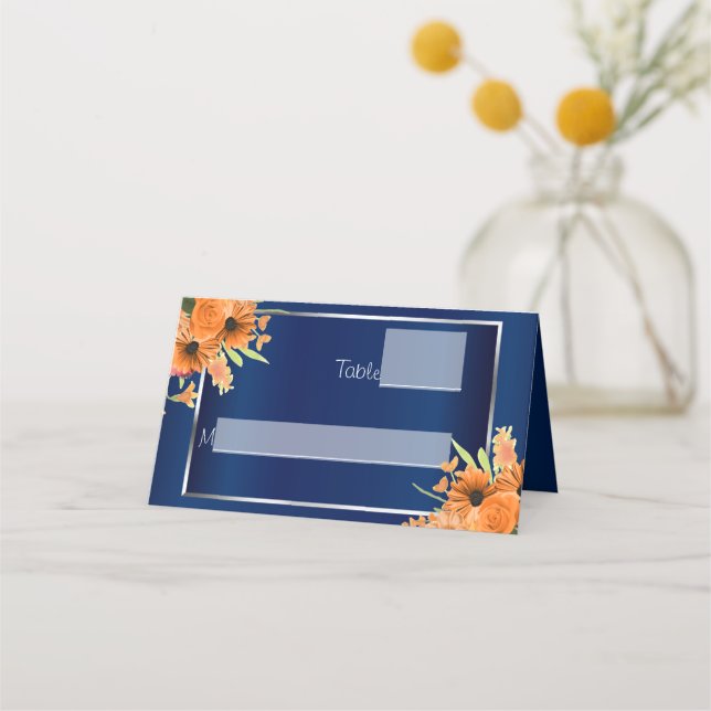 Cartão De Mesa Flores Laranja no Marinho Azul (Frente)