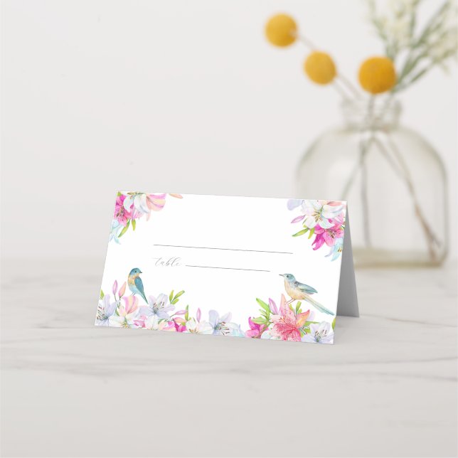 Cartão De Mesa Flores para casamentos Lírios e Pássaros Cadeado (Frente)