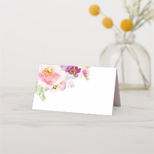 Cartão De Mesa Flores Rosa e Roxo Pastel em Aquarela