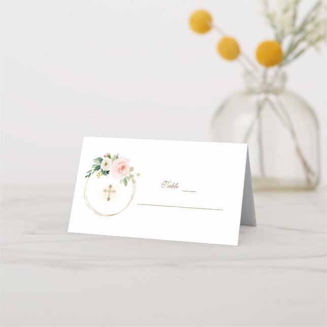 Cartão De Mesa Flores Rosa Elegantes Número da Tabela do Batismo  (Frente)