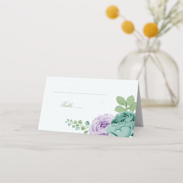 Cartão De Mesa flores roxas azuis verdes botânicas (Frente)