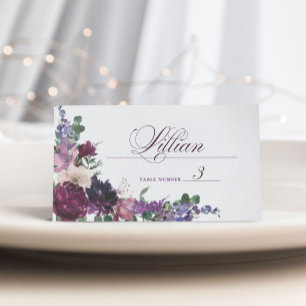 Cartão De Mesa Flores Roxas   Casamento romântico