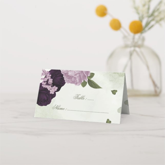 Cartão De Mesa flores roxas escuras e claras verdes (Frente)