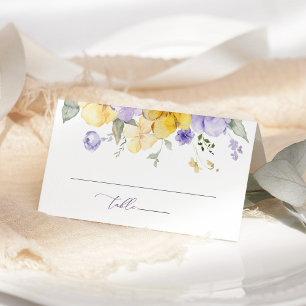 Cartão De Mesa Flores Roxas, Flores Amarelas, Verdura, Casamento